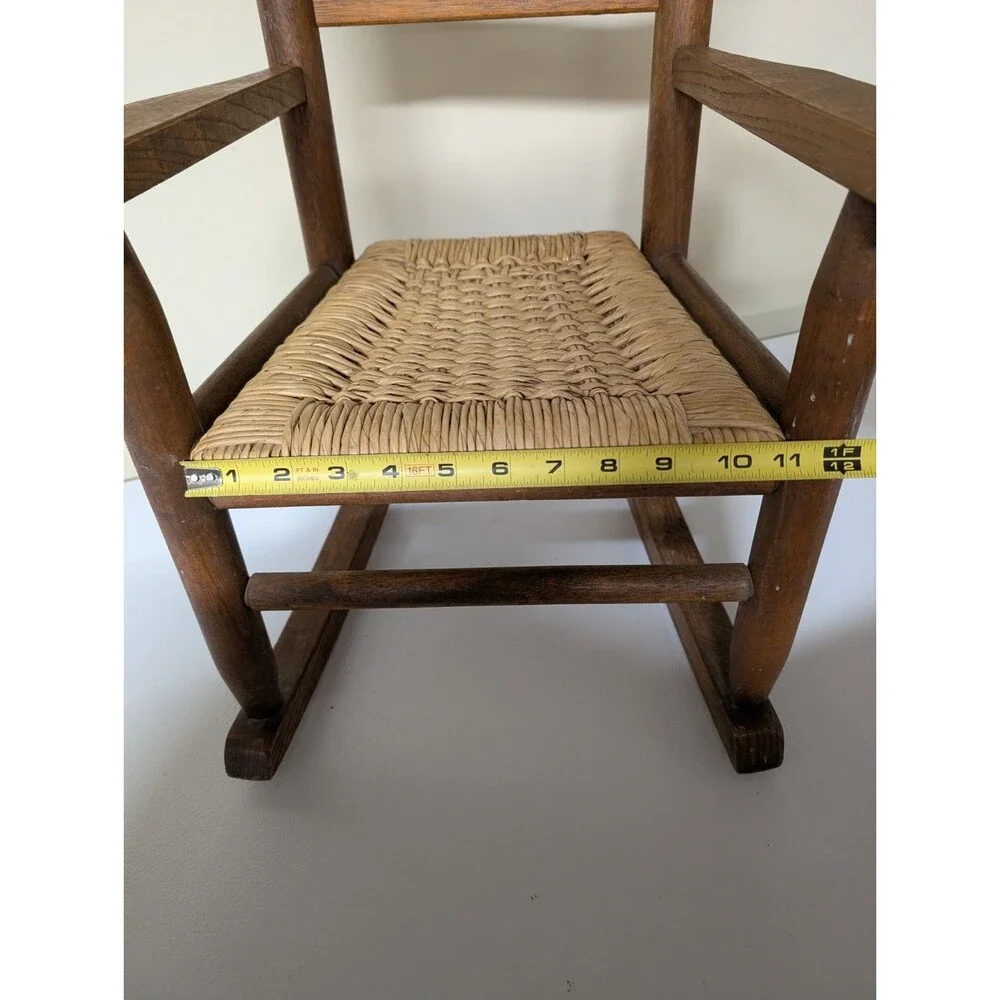 Vintage MCM 24" Wooden Child’s Rocking Chair w/ Arms & Handwoven Rattan Seat EUC - Picture 5 of 7